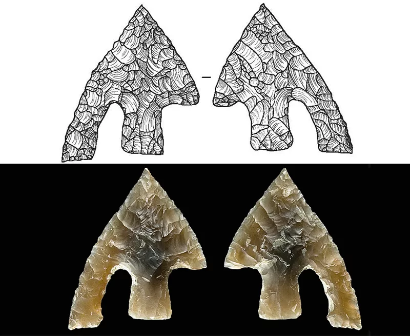 Image displaying a photo of a flint arrowhead from Great Western Park, Didcot, and the drawing; the drawing shows in detail how the arrowhead was made, something that the photo cannot do in the same way. 