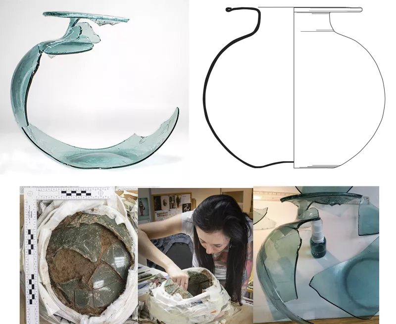 The image shows the image of a broken glass vessel, where only fragments remain. It also shows the illustration that reconstructs the shape of the full vessel. Additional images show the process of excavating the vessel in the lab and piecing the fragments together. 